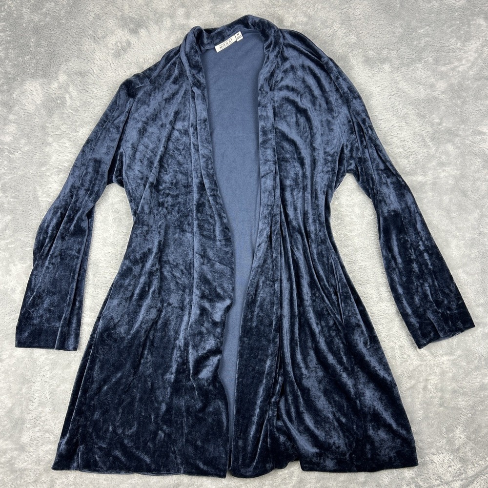 Masai Women's M‎ Open Drape Jacket Velour Blue Long Line Pockets Soft Cozy